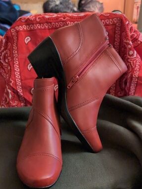 Clarks Red Leather Ankle Booties